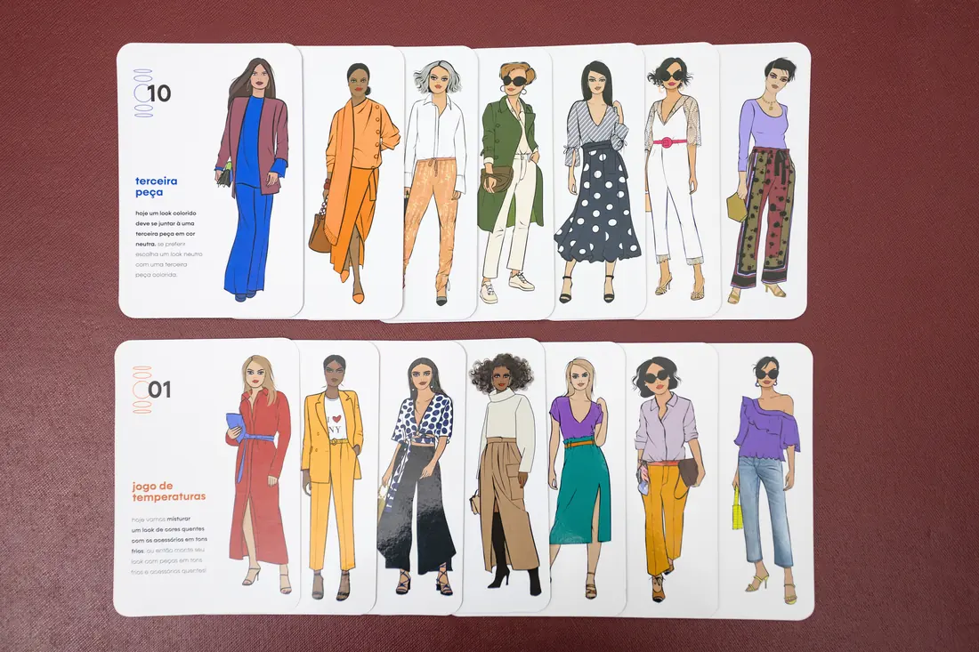 Cartelas ilustradas de combinações de looks